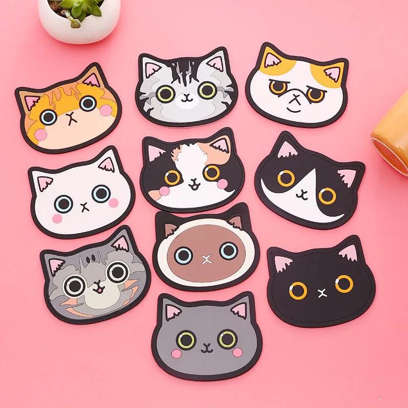 Adorable Drink Coaster - Set of cat-themed coasters in various designs.