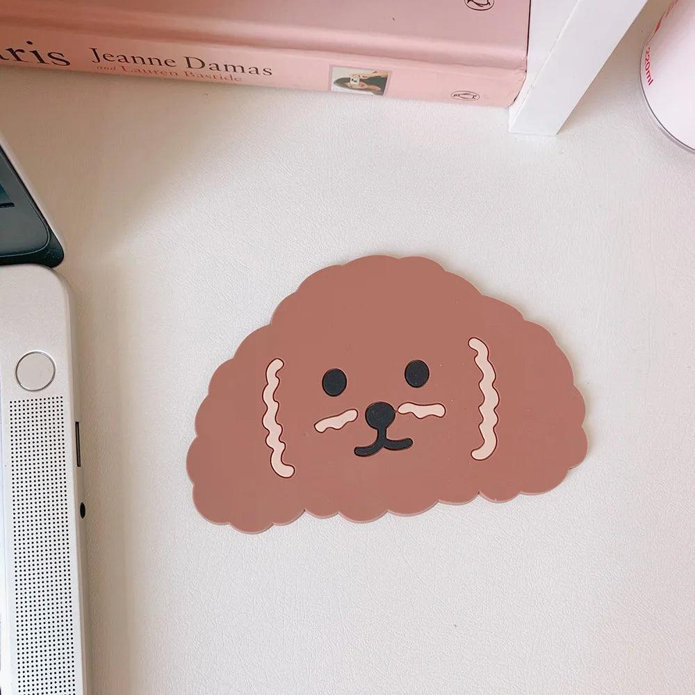 Adorable Drink Coaster - Brown dog-themed silicone coaster with a cute face.