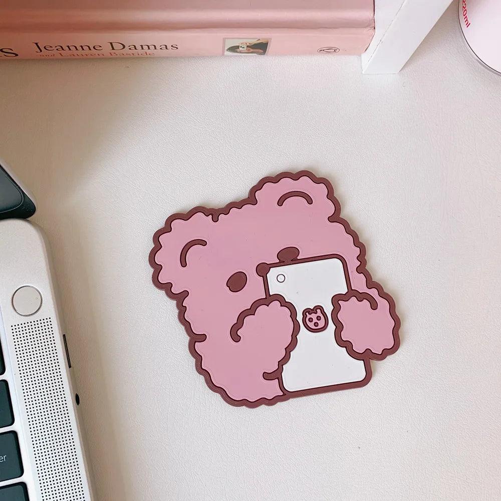 Adorable Drink Coaster - Pink bear-themed silicone coaster holding a cup.