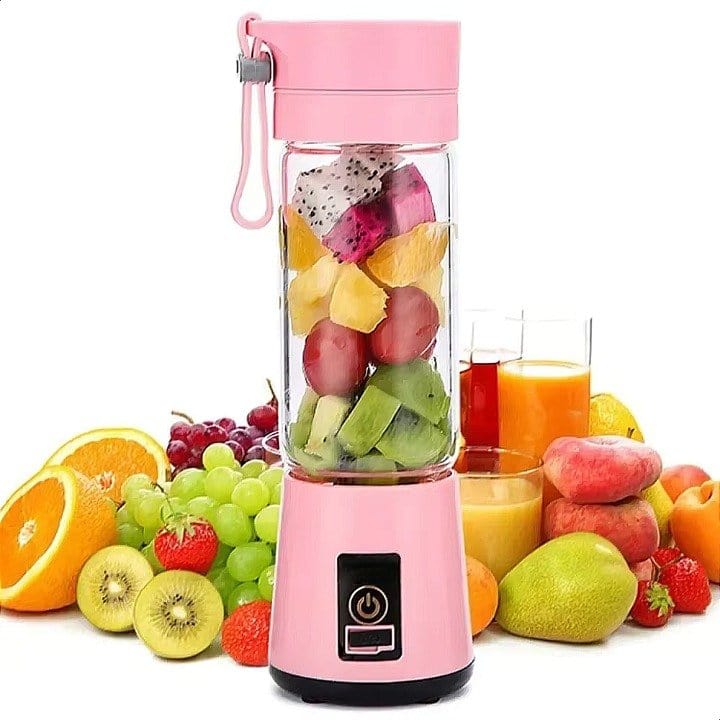 BlendyPro Mini Blender - Pink blender filled with fresh fruit for making smoothies.